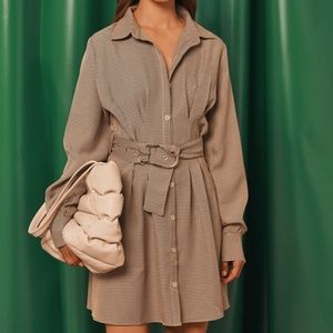 Missguided Dogstooth Belted Shirt Dress in Tan/Black